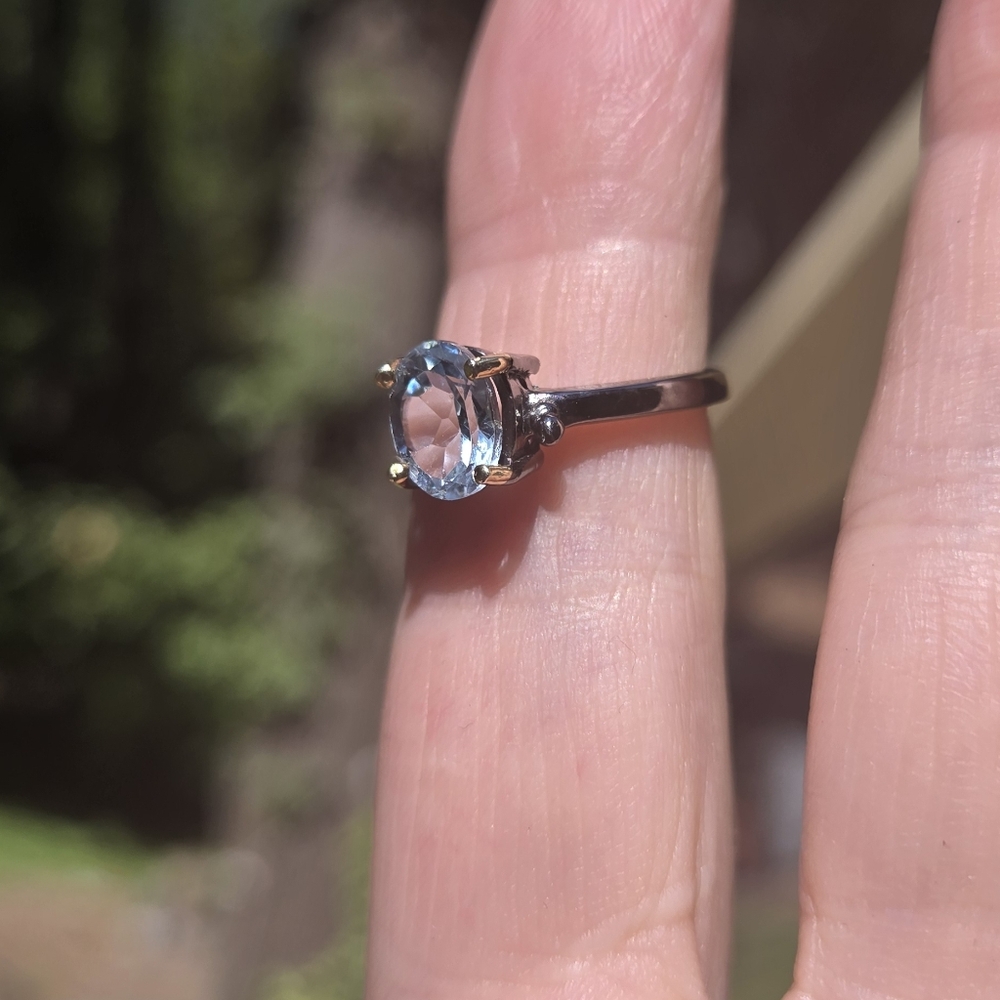 Blue Naturak Topaz 4k Sterling Rhodium & Gold Ring Sz5.5 - Picture 5 of 10